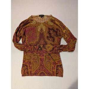 ETRO Milano Women's Size 44 Paisley Print Long Sleeve Knit Top Burgundy Gold